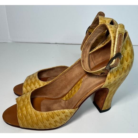 John Fluevog Marvel Yellow Woven Leather Heels with Ankle Strap, Size 8 - Picture 3 of 4